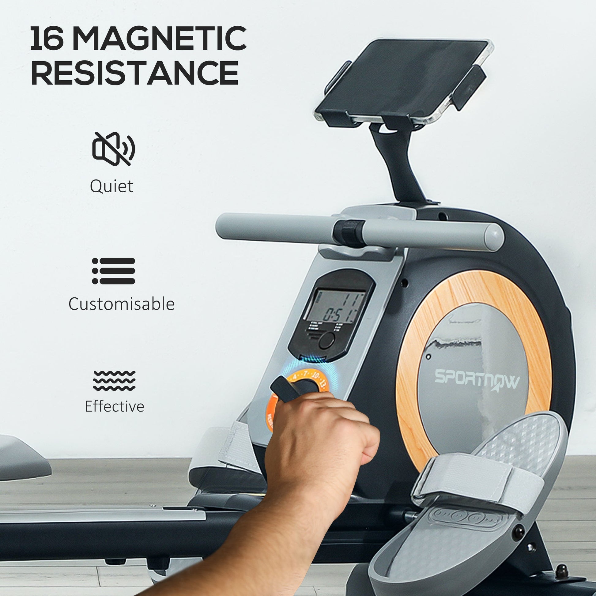 Rowing Machine, 16-Level Magnetic Rower Machine with LCD Monitor and Phone Holder, Black-3